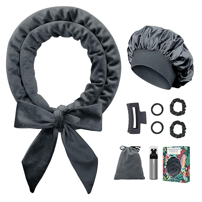 Gwabee No Heat Overnight Hair Curlers Headband, 70" Soft Ribbon Curl Wrap for Long Hair - 9 PCS Curling Rods Set - Grey