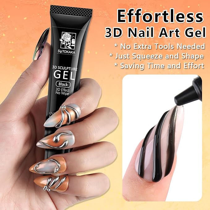 SUTOKAKA Black 3D Gel Nail Art, 15g Sculpting Gel for 3D Nail Art Designs Carving, Molding and Painting, No Wipe Embossed Gels Polish Rhinestone Nails Charm Glue Salon Home DIY