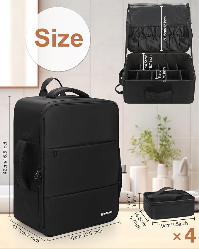 Relavel Makeup Backpack Extra Large Travel Train Case Professional Makeup Artist Kit Set Bag with 4 Clear Bags, Brush Storage Organizer Box with Dividers for Cosmetic Hair Tools Barber Supplies, Black