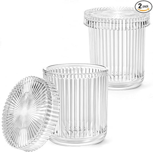 SheeChung 2-Pack Ribbed Glass Apothecary Jars - Clear Qtip Holder Dispenser Set - Vintage Bathroom Vanity Organizer for Cotton Swabs, Balls, Pads, Floss Picks - Modern Farmhouse Decor