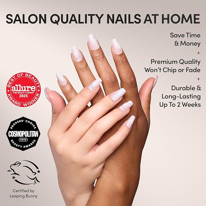 Glamnetic Press On Nails - Lace Blush | Glossy, Matte, Opaque, Medium Coffin Nails, with Lace Detailing, Salon Quality | 15 Sizes - 30 Nail Kit with Glue