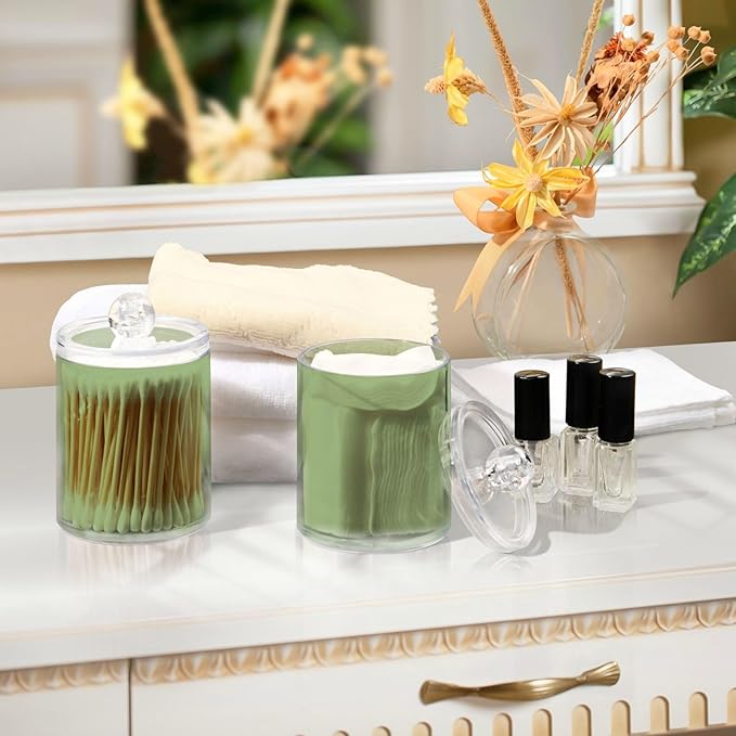Xigua Light Green 2 Pack Qtip Holder Dispenser With Lid, Apothecary Jars Plastic Swabs Cans Clear Bathroom Storage Canister for Cotton Ball, Swab, Round Pads, Floss26