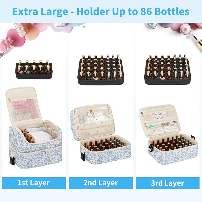 Extra Large Nail Polish Organizer - Three Layer Nail Organizers And Storage Bag, Portable Nail Supplies Organizer Case, Nail Tech Kit Travel Carrying Box with Shoulder Strap (Floral Blue, 86 Slots)