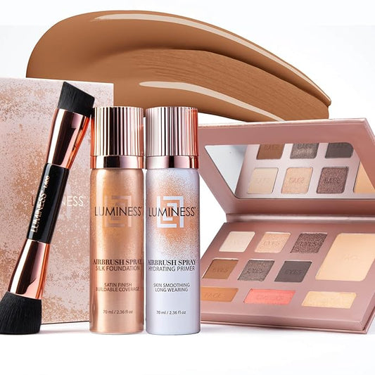 LUMINESS Complete Makeup Kit - Includes Face Palette, Airbrush Foundation, Primer and Brush - Silky, Long-Wearing, Easy to Blend, Perfect Makeup for Older Women, 4-PC Make Up Set (10 - Tan)