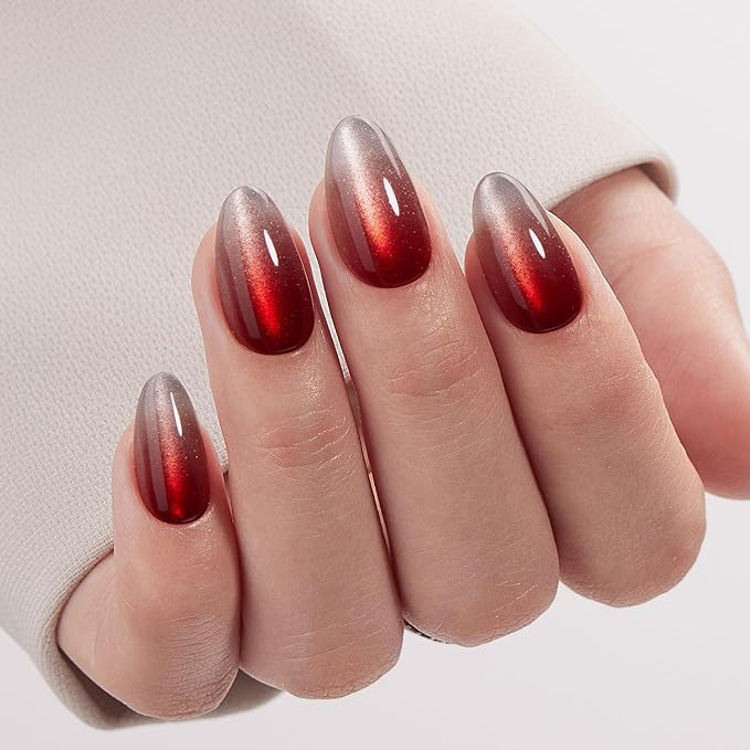 VSALON Press On Nails Short Almond, 32 Pcs 16 Sizes Red Cat Eye Press On Ombre Chrome Fake Nails With UV Cure Glue, Reusable Stick On Nails False Nails Kit Valentines Gifts For Women