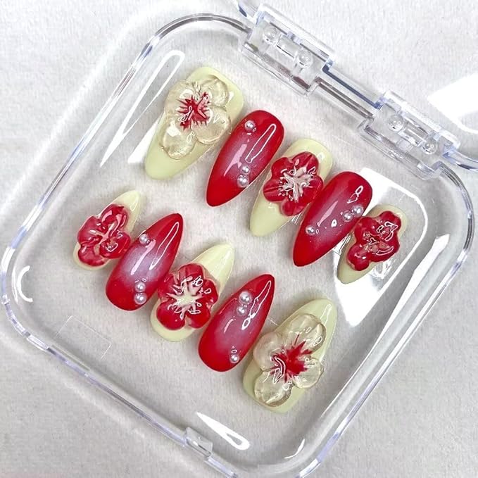 Medium Women Press On Nails - Medium Almond Handmade 10Pcs Unique Fake Nails, Artistic Design, Thick Acrylic and Muti-Layer Gel False Nails-M size