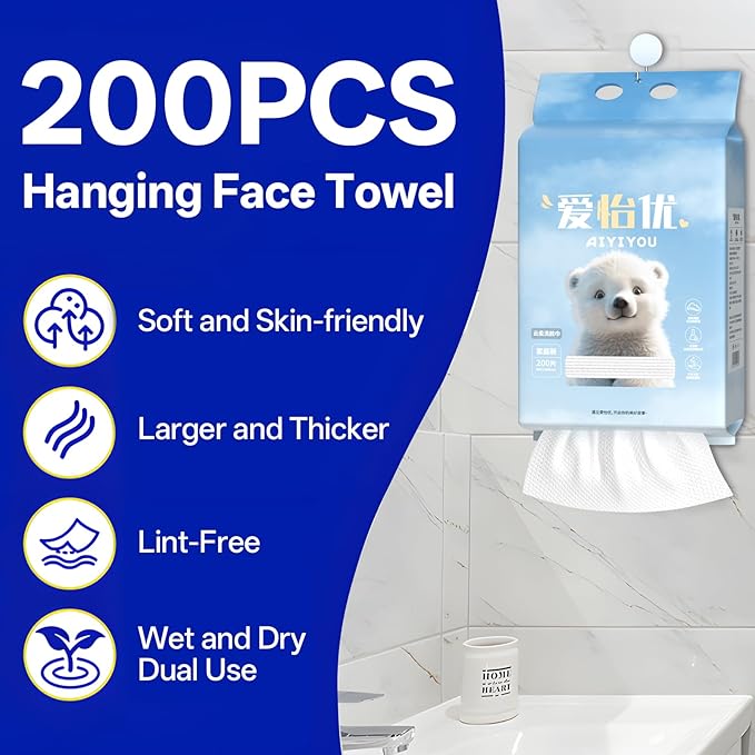 Hanging Disposable Face Towels 200 Count, Wall Mount for Easy Dispensing, Ultra Soft & Lint-Free 8x8 Inch Biodegradable Dry Wipes for Makeup Remover, Sensitive Skin & Daily Skincare