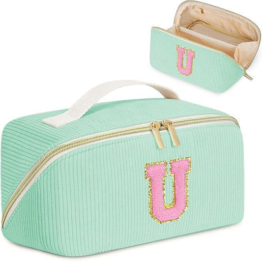 Personalized Initial Makeup Bag, Valentine's Day Gifts for Girls,Preppy Bag Cosmetic Travel Bag Women,Travel Toiletry Organizer,Large Capacity Corduroy Stuff Bag,Cute Cosmetic Pouch Skincare Bag