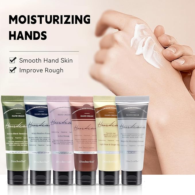 DincherBel 6 Pack Travel Size Hand Cream Set - 1 oz Moisturizing Lotion for Dry Cracked Hands, Light Rose & Ginger Sugar Scented Hand Lotion Gift for Women, Nurses, Teachers, Bridesmaids Gifts