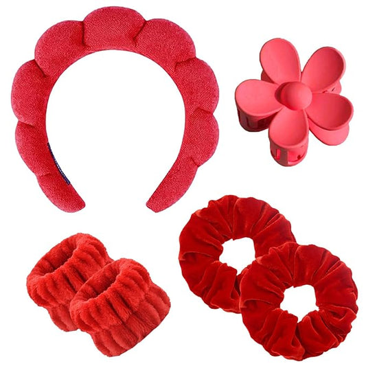 BluOcnMkt 6PCS Skincare Headbands for Women Red Spa Makeup Headband Set, Large Flower Hair Claw Clip, Velvet Elastic Hair Scrunchies