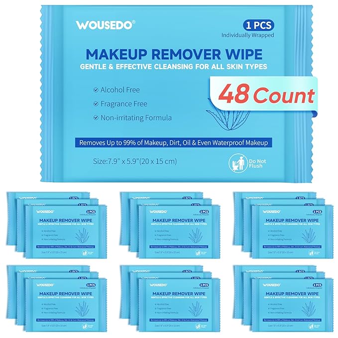 48 Count Makeup Remover Wipes, Bulk Gentle Cleansing Facial Towelettes, Individually Wrapped Travel Size,Alcohol-Free & Hypoallergenic for All Skin Types