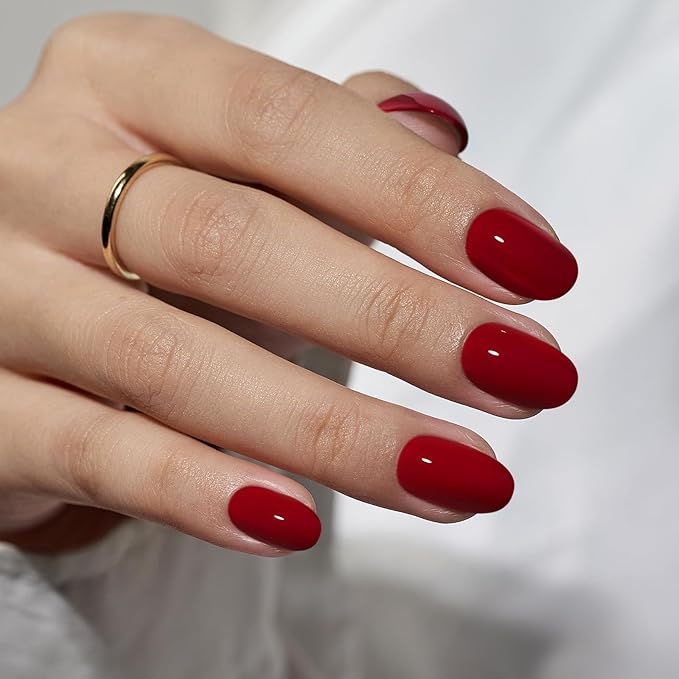 BTArtbox Press On Nails Short - Valentines Red Press on Nails Short Oval Nails Fake Nail with Nail Glue, Fit Perfectly, Reusable Glue On Nails in 16 Sizes, Cardinal