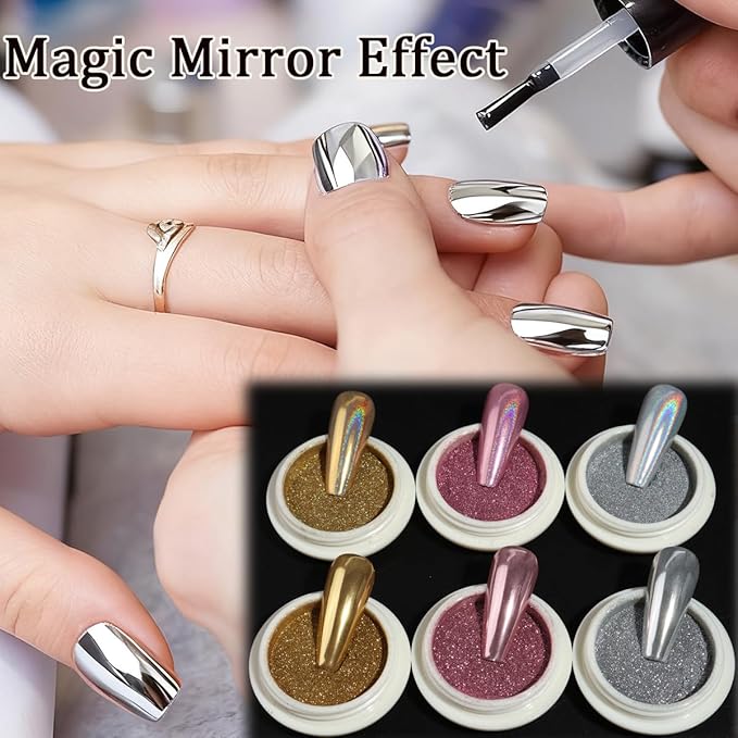 6 Jars Gold Silver Chrome Nail Powder, Holographic Unicorn Iridescent Nail Chrome Powder, Metallic Mirror & Laser Effect Glitter Pigment for Aurora Mermaid Nails, Resin Crafts & DIY Nail Decorations