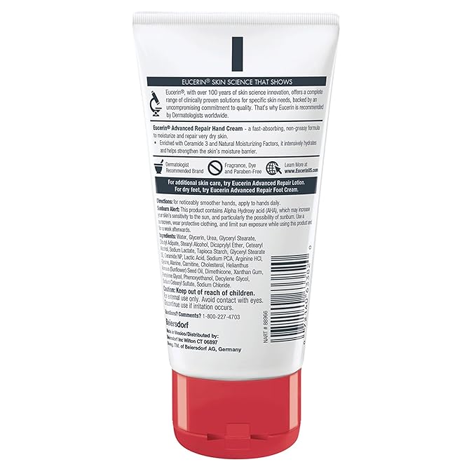 Eucerin Advanced Repair Hand Cream, Immediately Soothes and Repairs Very Dry Skin, Fragrance Free, Non Greasy, Fast Absorbing, Travel Size Hand Lotion, 2.7 Oz Tube, Pack of 3