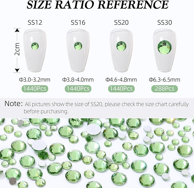 Meibite Light Green Flatback Rhinestones, Glass Rhinestones for Nail Art and Craft, Glue Fix, Loose Crystal Gemstones(Lt.Green, SS30, 288pcs, 6.4-6.6mm)
