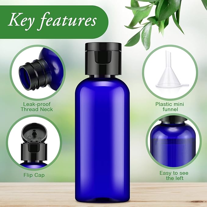 Eccliy 100 Pack 2 oz Plastic Bottles Travel Lotion Bottle Squeeze Container Plastic Bottles with Caps Small Travel Empty Refillable Toiletry Containers for Liquid Lotion Creams with 5 Funnels(Blue)