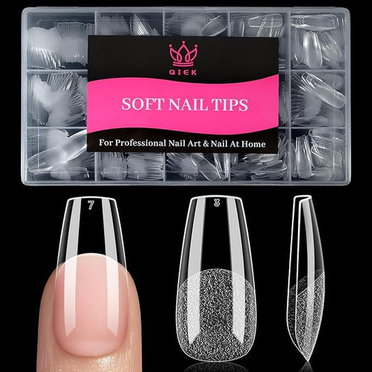 Qiek Medium Coffin Fake Nail Tips, 15 Sizes 240 PCS Clear Half Matte Press On False Nail Tips Pre-shaped Half Soft Cover Gel Nail Tips Extensions Thick Long Lasting for DIY Beginners & Salon Manicure