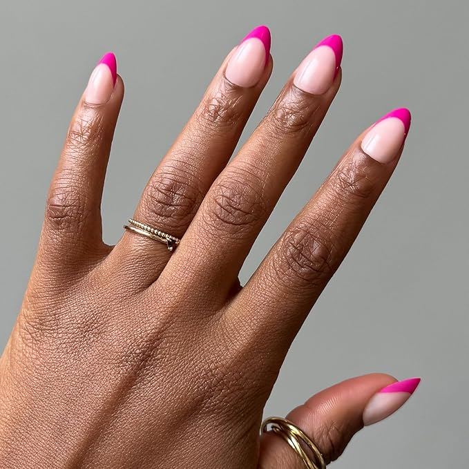 Glamnetic Press On Nails - Raspberry Sorbet | Semi-Transparent Dark Pink Magenta French Tip Short Almond Fake Nails in a Glossy Finish, Salon Quality | 15 Sizes - 30 Nail Kit