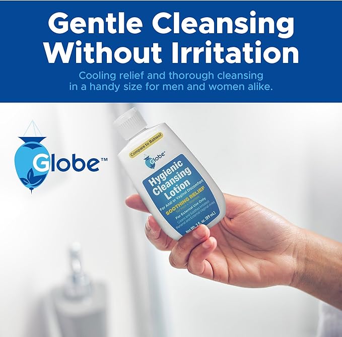 Globe Hygienic Cleansing Lotion for Men and Women, Discomfort, Pain & Itch Relief for Sensitive Areas, Cooling, Non-Irritating & Non-Drying Gentle Personal Care Cleanser, Travel Must Have,3 oz Bottle