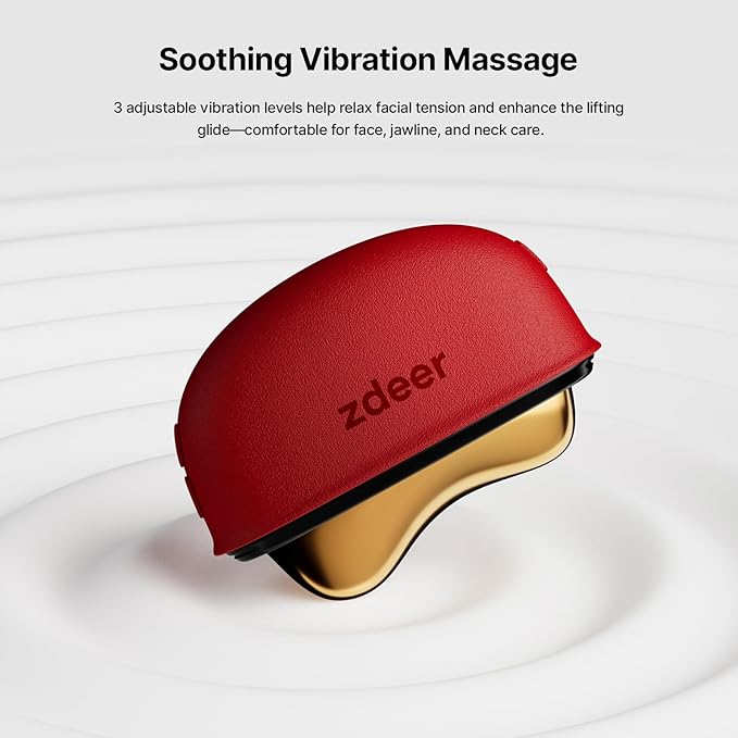LED Red Light Therapy for Face & Neck Massager Facial Care Device – Electric Gua Sha Brass Tool with Heat & Vibration for Firming, Sculpting & Skincare, Red