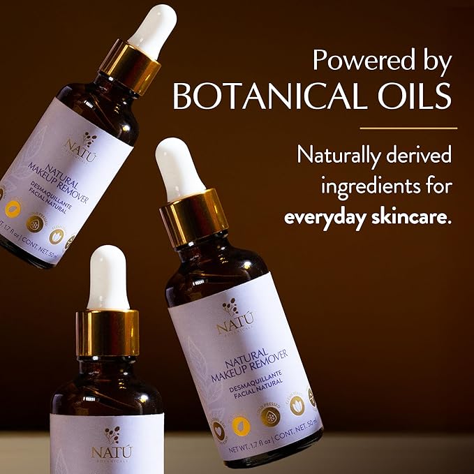 NATÚ BOTANICALS Natural Makeup Remover Oil – Non-Greasy Gentle Cleanser, Lip & Eye Makeup Remover - Nourishing & Hydrating Cleansing Oil for Face Leaving Skin Soft & Radiant - Clean & Natural