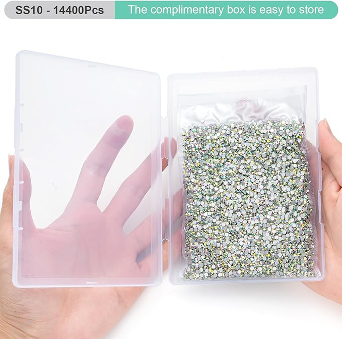 MEIBITE Flatback Rhinestones Bulk, 14400PCS Crystal AB Rhinestones for Clothes DIY Decoration Crafts, Crystal AB, SS10, 2.7-2.9mm