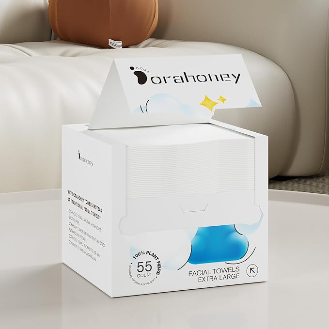 Dorahoney Disposable Face Towels, 12"×12" Extra Large Face Towelettes, Ultra Soft Facial Towels for Sensitive Skin, Makeup Remover Dry Wipes, 55 Count (1 Pack)