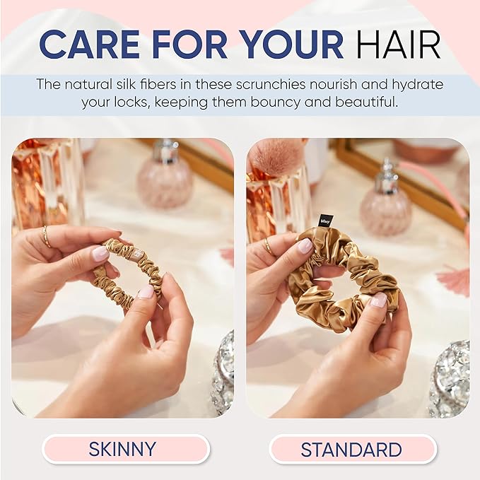 Blissy Silk Scrunchies (3 Pack) - 100% Pure Mulberry Silk - 22 Momme 6A High-Grade Fibers Scrunchie for Straight & Curly Hair - Preventing Breakage, Tangling, & Creasing (Gold Regular)