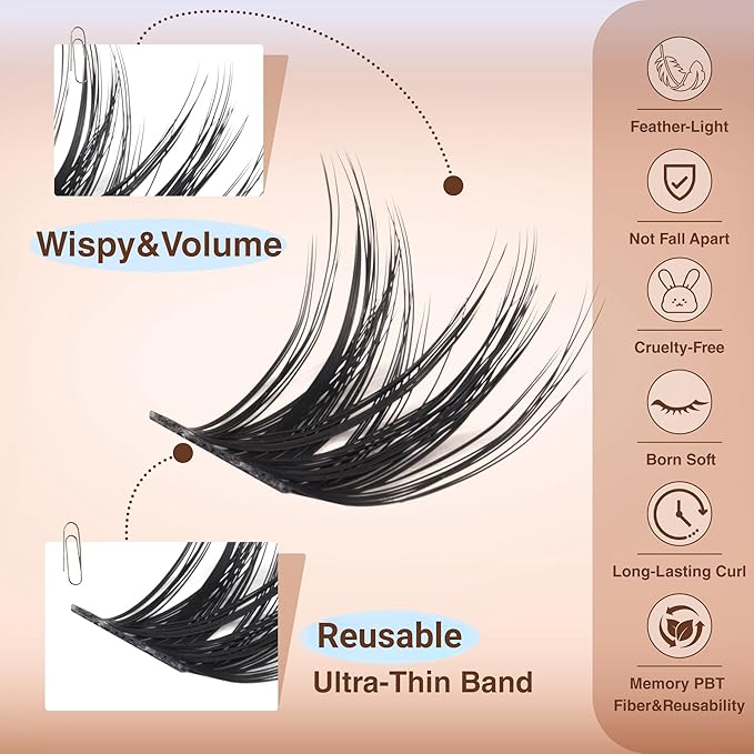 TOOCHUNAG Lash Extension Kit Wispy Lash Clusters Kit Thin Band Cluster Eyelash Extensions Kit Natural Individual Eyelashes Kit DIY Cluster Lashes with Lash Bond and Seal and Tweezers (10-16mm-D)