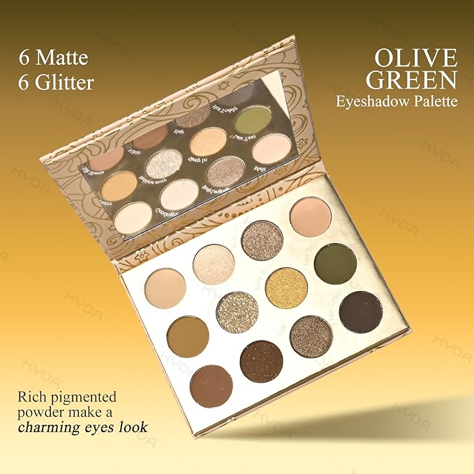 KYDA 12 Colors Olive Green Eyeshadow Palette, Sparkling Reflective Green Bronzer Eyeshadow, Matte Olive Ginger Nude Eyes Shadow, Smooth Blendable Powder, Smokey Eyes Makeup
