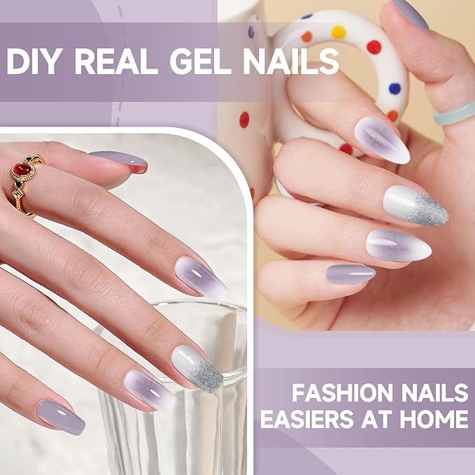 DUKASOU Semi Cured Gel Nail Strips, 56Pcs Nail Art Stickers/Wraps, Long Lasting UV Nail Polish Strips for Adults(Purple Silver Glitter+Light Blue)