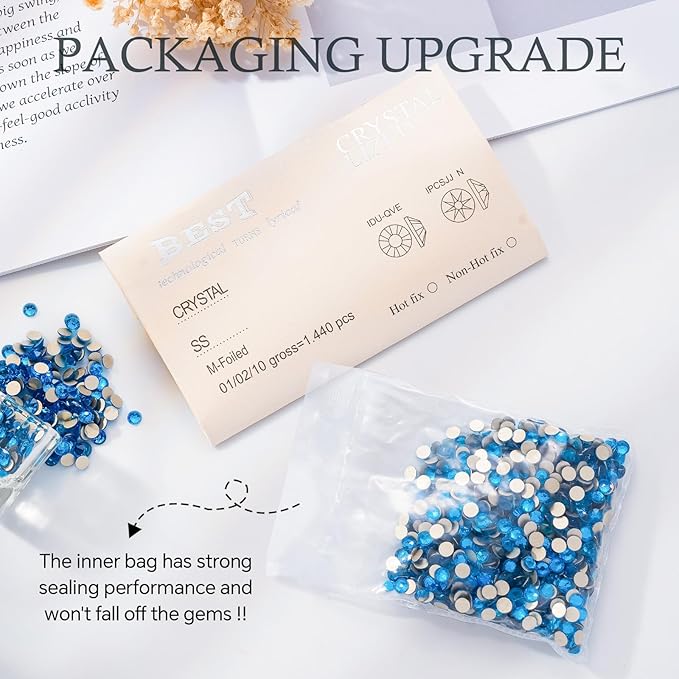 Meibite Capri Blue Flatback Rhinestones, Glass Rhinestones for Nail Art and Craft, Glue Fix, Loose Crystal Gemstones(Capri Blue, SS20, 1440pcs, 4.6-4.8mm)