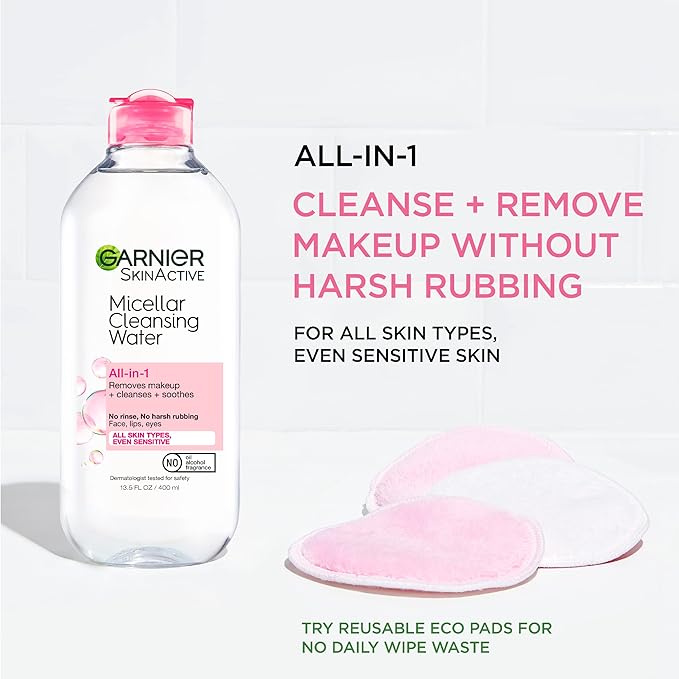 Garnier Micellar Cleansing Water, All-in-1 Makeup Remover and Facial Cleanser, For All Skin Types, 3.4 Fl Oz (100mL), 1 Count (Packaging May Vary)