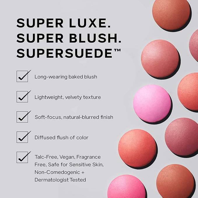Saie Blush & Brush Duo - SuperSuede Baked Blush in Mia (.01 oz) & Powder Blush Brush - Talc-Free, Moisturizing Blush with Vegan, Fluffy Brush for Seamless Application