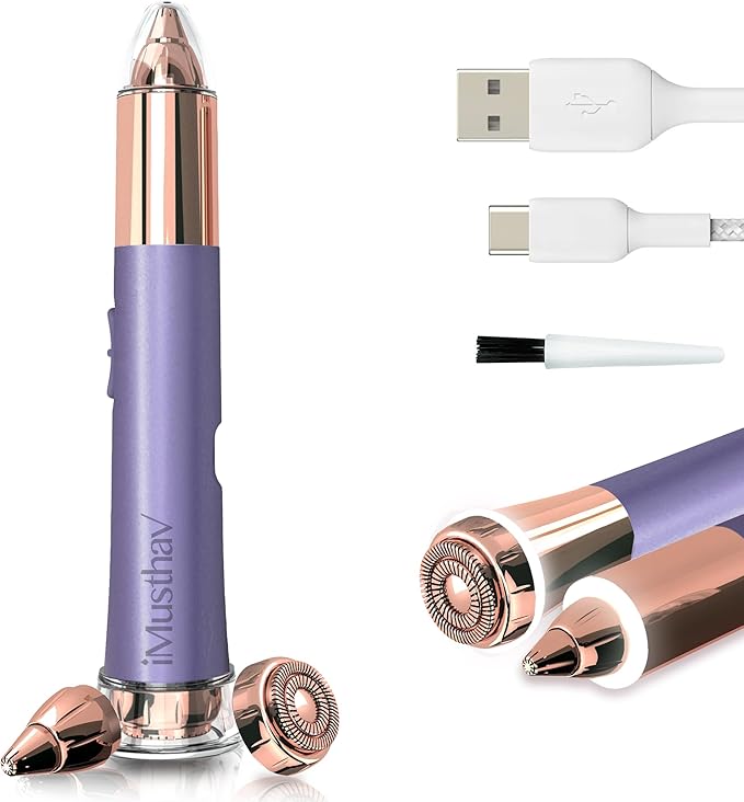 iMusthav 2 in 1 Eyebrow and Facial Hair Remover for Women Painless Electric Razor Epilator Trimmer Shaver with 18K Gold-Plated, USB Rechargeable, 360° LED for Flawless Eyebrow and Face Hair Removal
