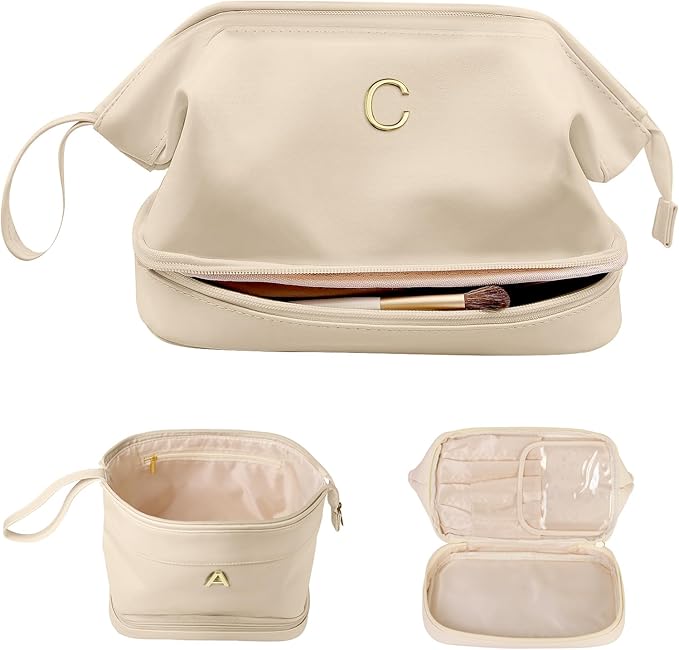 Gifts for Friends Female Mom, Initial Makeup Bag, Personalized Double Layer Cosmetic Bag with Makeup Brush Organizer, Waterproof, Large Capacity PU Leather Travel Toiletry Bag, Gift for Wife