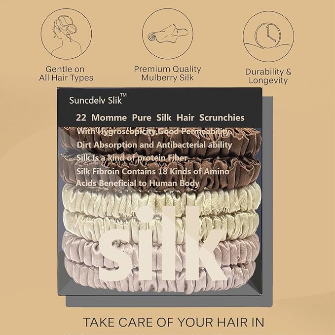 Suncdelv Silk,100% Silk Scrunchies for Hair,22 Momme Hair Ties for Anti-Crease & Breakage,Natural Women Hair Accessories，Fashion Hairbands 6PCS(Coffee, Beige, Rose Gold)