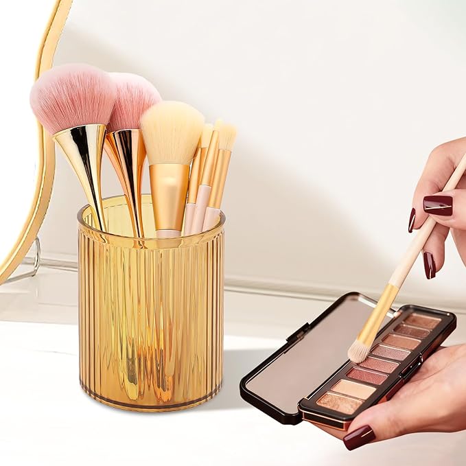 DASITON Makeup Brush Holder Organizer, Acrylic Makeup Brush Cup, Vintage Striped Make Up Brush Holder for Vanity, Bathroom Countertop, Toothbrush Holders, Pen Holder for Desk Storage (Yellow)