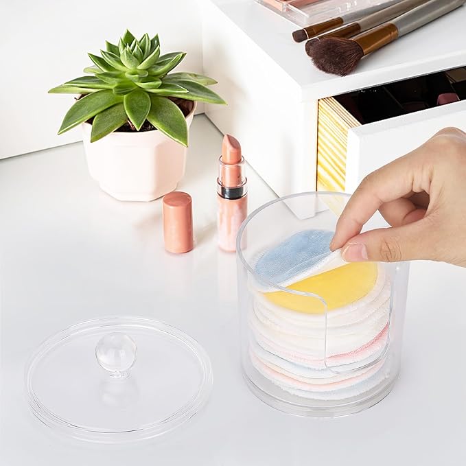 Tbestmax Plastic Cotton Round Holder and Dispenser, Clear Cotton Pads Storage Bathroom Canister Vanity Makeup Organizer