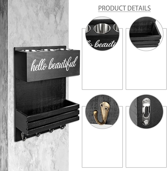 Wooden Hair Dryer Holder Wall-Mounted - 2 Tier Bathroom Storage Shelf Cosmetic & Hairdressing Tools Organizer for Bathroom Countertop/Vanity (Black)