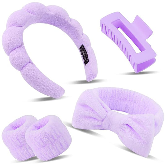Canitor Spa Headband Wrist Bands Set with Hair Clips Skincare Washing Face Skin Care Puffy Makeup Preppy Teen Girl Gifts Cute Trendy Stuff Fashion Hair Accessories for Women (purple)