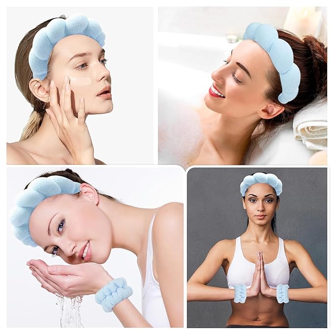 Spa Headband for Washing Face Wristband Set Sponge Makeup Skin Care Terry Cloth Bubble Soft Get Ready Hairband Women Girls Puffy Padded Headwear Non Slip Thick Hair Accessory (Blue)
