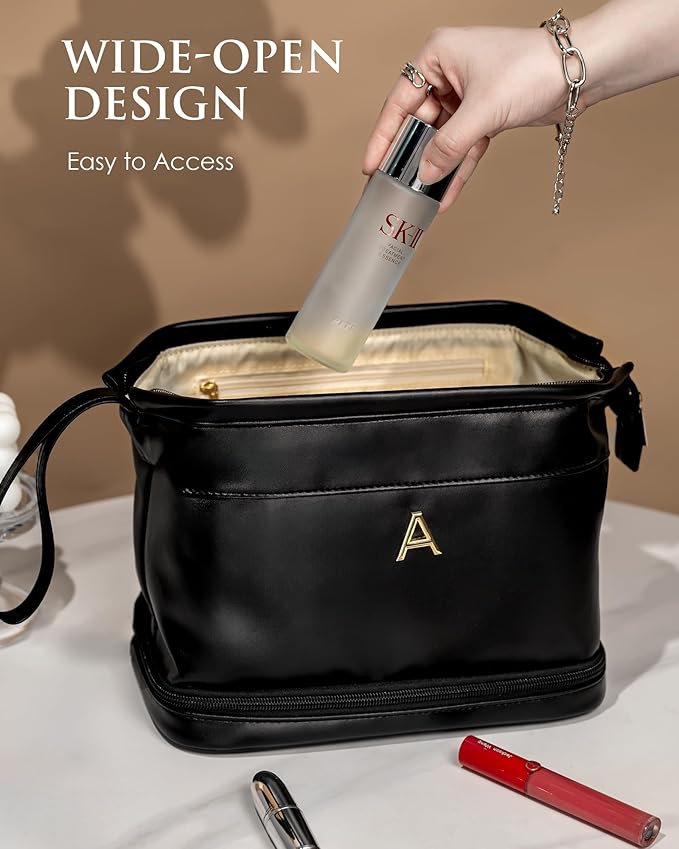 Make Up Bag-Initial Makeup Bags for Teens Girls, Dance Gifts Double Layer Cosmetic Bag with Makeup Brush Organizer, Teen Girl Gifts Trendy Stuff, Gifts for Friends Female Mom