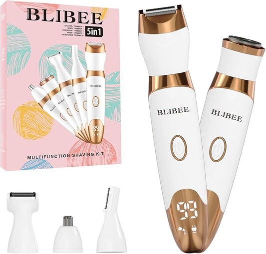 BLIBEE Bikini Trimmer for Women, LED Display Electric Razors for Women, 5-in-1 Electric Shaver, Rechargeable Painless Pubic Hair Trimmer for Legs, Underarms, Face & Sensitive Skin (Gold)