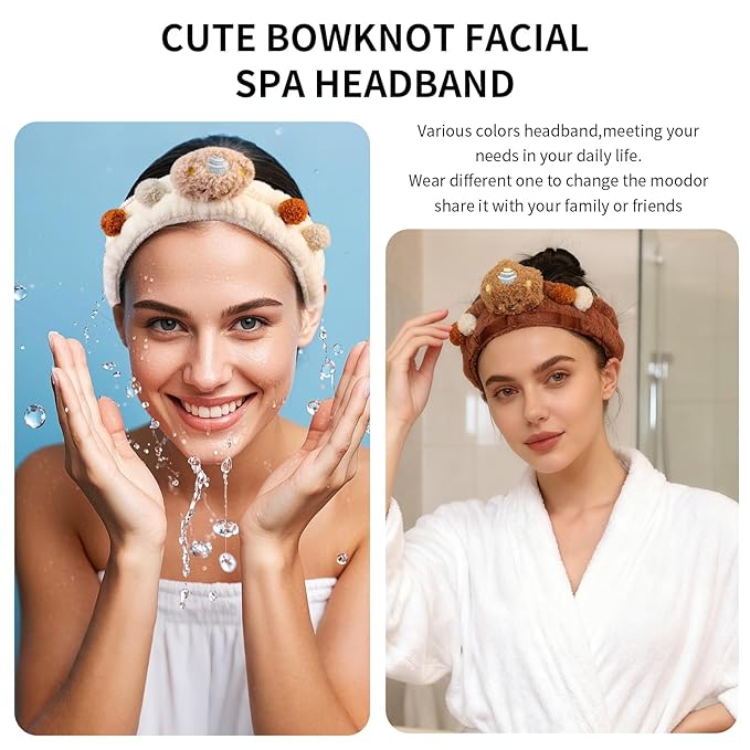 PERFECTSIGHT Spa Headband for Washing Face, 2 Pack Cute Hair Band for Shower Yoga Beauty Skincare Party, Soft Fluffy Makeup Headband, Kawaii Facial Headbands for Woman Girls, Bear