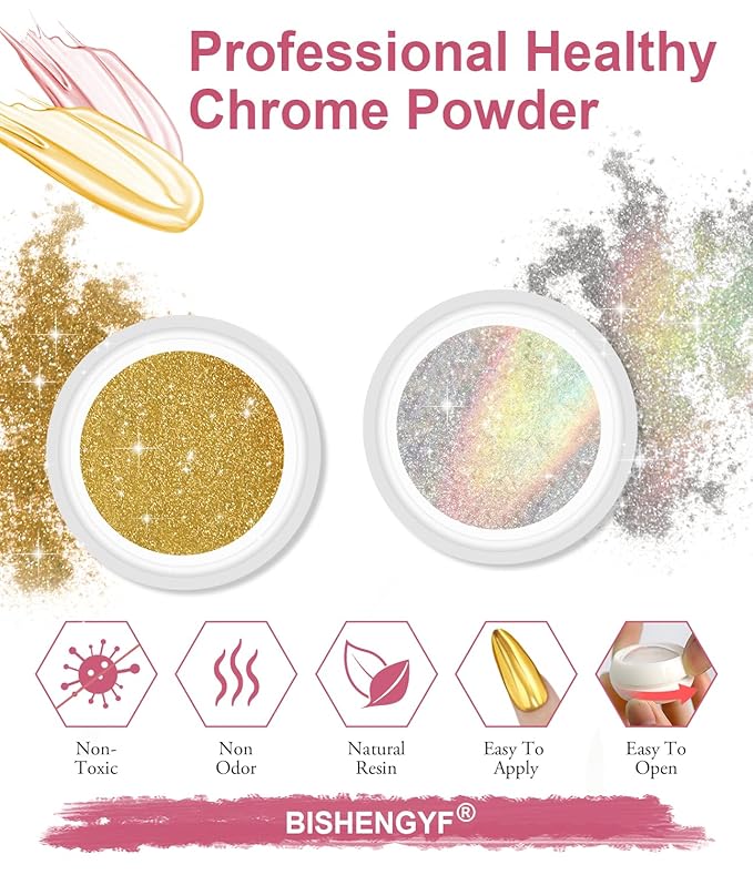 BISHENGYF Gold Chrome Nail Powder - 6pcs Sparkly Laser Holographic Nail Powder Metallic Mirror Effect Pink Nail Chrome POwder, White Pearl Pigment Holo Iridescent Glitter Dust Kit, Nail Art Decoration