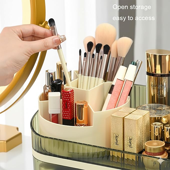 Extra Large Capacity Makeup Organizer with Brush Holder - Plastic Vanity Countertop Storage for Full Skincare & Cosmetic Collection