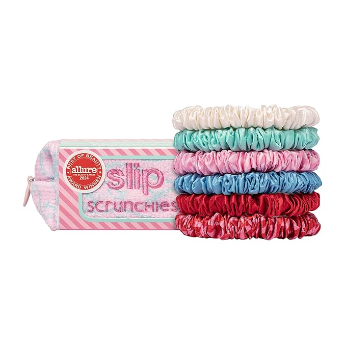 slip Silk Skinny Scrunchies - High Tide | Set of 6 Skinny Scrunchies | 100% Mulberry Silk, Anti-Crease, Gentle on Hair, Reduces Breakage | Stylish & Durable, Ideal for All Hair Types, Limited Edition