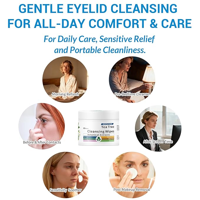 60 Pcs Tea Tree Oil Eyelid & Lash & Face Cleansing Wipes l Eyelid Pads For People Blepharitis & Chalazion & DryEyes & Stye Eye Treatment, Eyelash Makeup Remover & Daily Eye Lid Pads, Cleaning Wipes