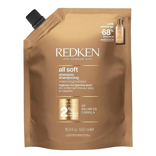 Redken All Soft Shampoo - Moisturizes & Hydrates Dry, Brittle Hair, Gently Cleanses and Softens, With Argan Oil, Safe For Color-Treated Hair, Refillable